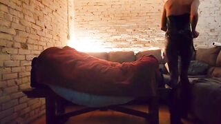 Slipping on my Strap-on harness so I can peg his ass