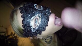 Dutch girl with needle pierced tits sucks cock and gets his cum in her eye